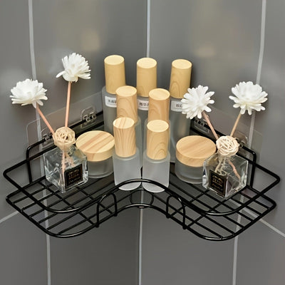 Estante de ducha de esquina de hierro fundido - Estante de almacenamiento de baño montado en la pared que no requiere taladrar, con diseño de malla de alambre de metal negro para un fácil acceso y organización, perfecto para champú, acondicionador y jabó