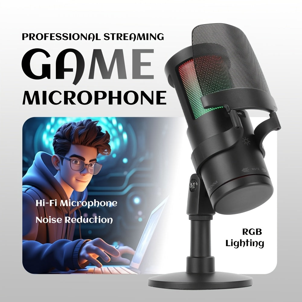 Micrófono USB Plug & Play de 1 pieza con Luces RGB, Control de Volumen, Función Silenciosa, Conector USB-C, Cuerpo de Resina ABS, para Karaoke, Transmisión en Vivo, Juegos, Videollamadas, , LMGBM