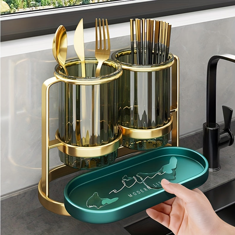 Organizador de Utensilios Moderno de Plástico con Compartimentos Dobles y Estante Secador - Soporte Multinivel para Cuchillos, Tenedores y Cucharas, Almacenamiento Resistente a la Humedad para Esenciales de Cocina