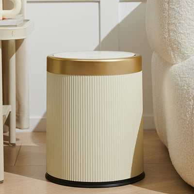 1pc Cubo de Basura Sin Manos con Tapa que se Abre Presionando, Diseño Cilíndrico Moderno y Duradero para Hogar Oficina Cocina Dormitorio, Detalles en Blanco y Dorado, Cesta Compacta Ahorra Espacio, Papelera Elegante, Cubo de Plástico Estilo, Diseño Funci