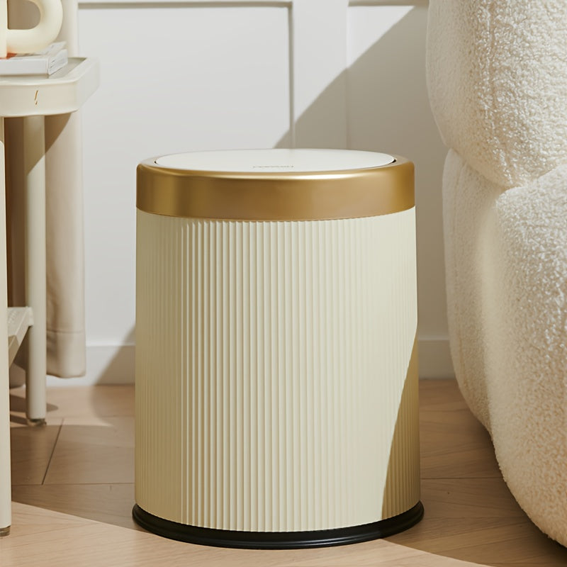 1pc Cubo de Basura Sin Manos con Tapa que se Abre Presionando, Diseño Cilíndrico Moderno y Duradero para Hogar Oficina Cocina Dormitorio, Detalles en Blanco y Dorado, Cesta Compacta Ahorra Espacio, Papelera Elegante, Cubo de Plástico Estilo, Diseño Funci