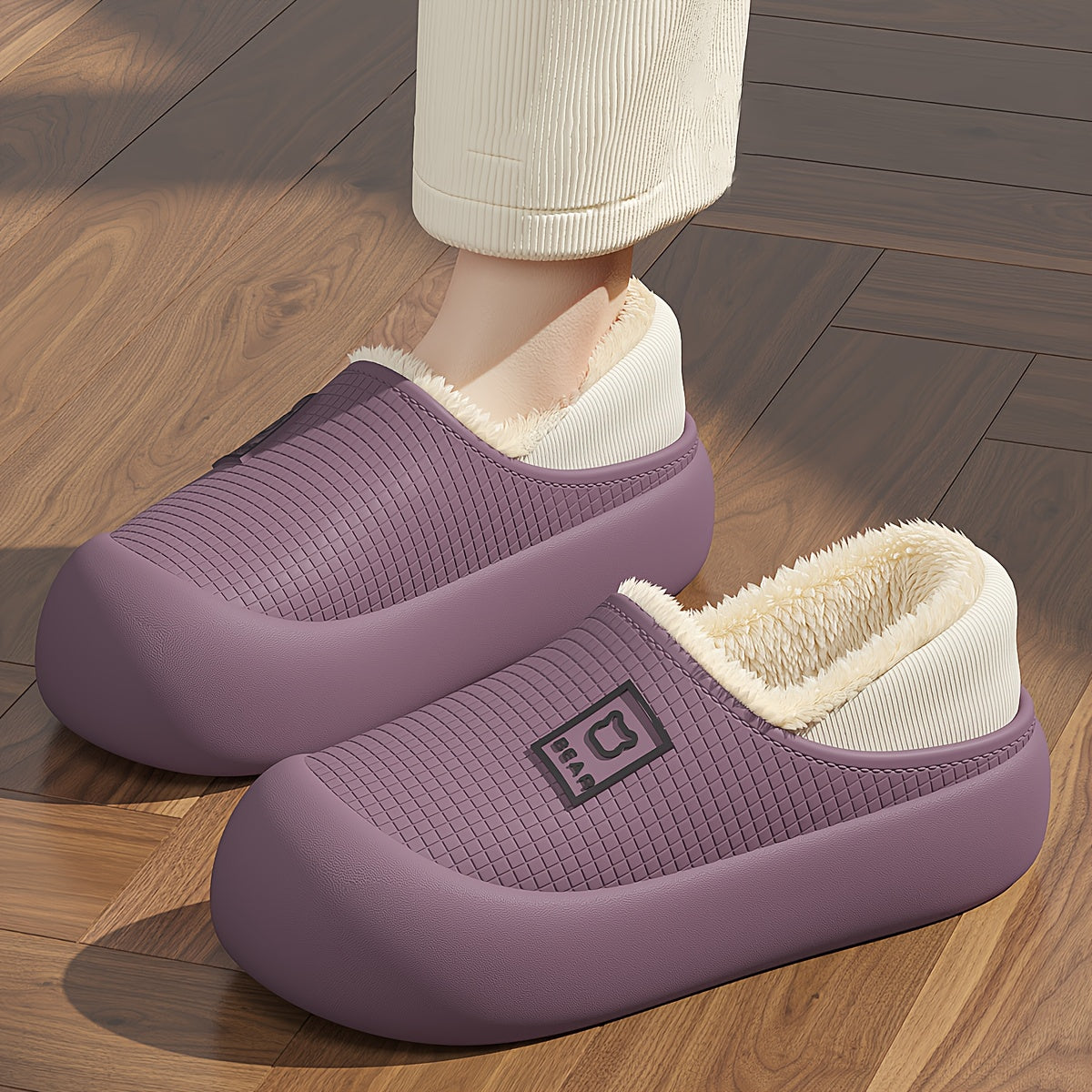 Zapatillas cómodas para mujer - Material suave de EVA con forro de felpa, color lila claro y negro, ideales para el confort en interiores en invierno, estilo casual para el hogar.