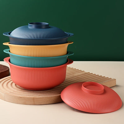 Juego de Dos Piezas de Material Plástico PP Apto para Alimentos con Tapa y Cuchara Larga, Bol Grande en Forma de Casserole 1100ml/38oz, Estilo Japonés/Coreano, Cuenco Ramen, Recipiente para Arroz, Fiambrera Familiar, Capacidad Extendida