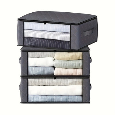 Una bolsa de almacenamiento de ventana plegable de PVC, con 3 capas de tejido no tejido, una caja de almacenamiento transparente para ropa y mantas, en gris, con un diseño minimalista y cierre con cremallera, adecuada para el transporte diario y el movim
