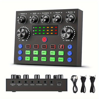 V8S Pro Interfaz de Voz con Efectos Coloridos - Alimentado por USB, Batería Recargable de 500mAh, Tarjetas de Sonido ABS Negras para Grabación de PC, Cantar, Simplificar y Juegos, Incluye Conector de Micrófono y Auriculares