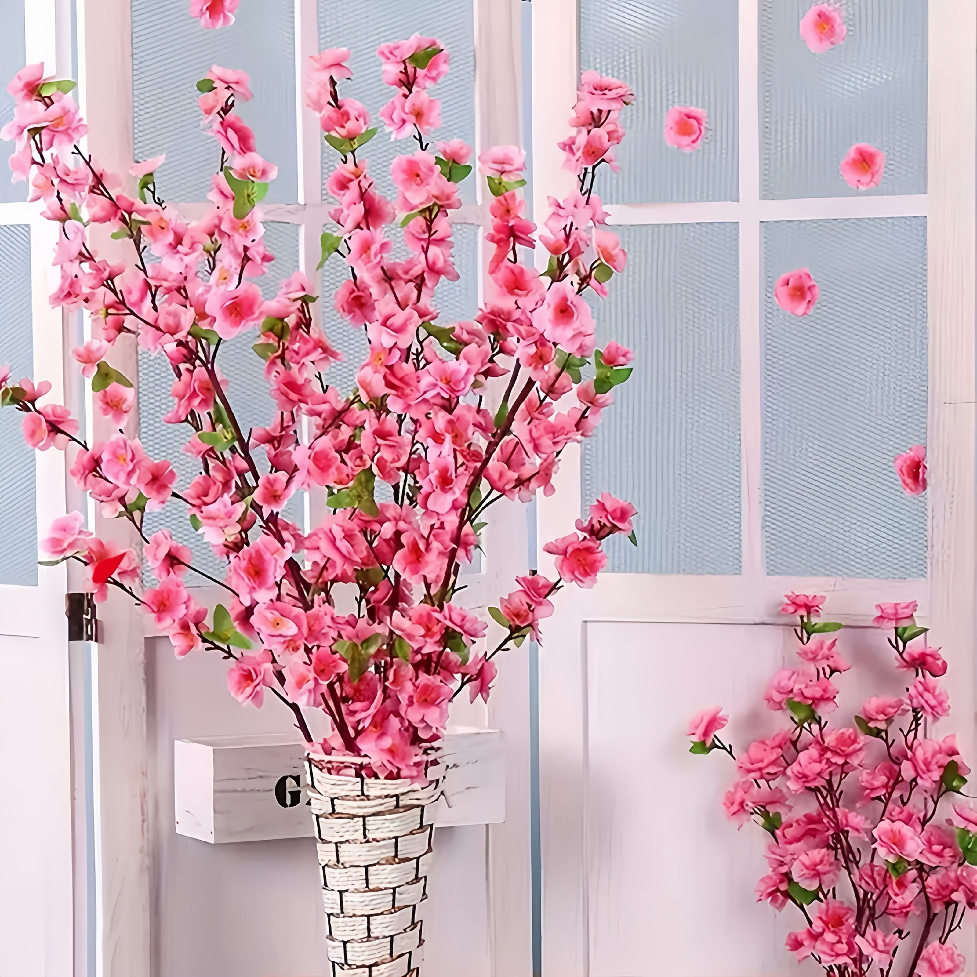 13 paquetes de flores de cerezo artificiales rosas y hojas verdes - Flores plásticas realistas, adecuadas para decoraciones de bodas, jardines, espacios interiores y exteriores y celebraciones estacionales (Día de San Valentín, Pascua, Día de San Patrici