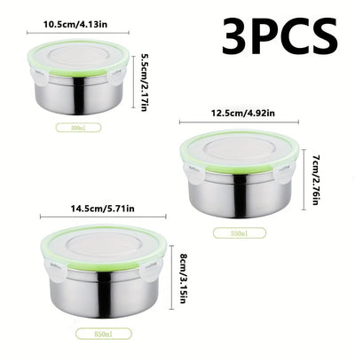 Juego de 3 Recipientes para Alimentos de Acero Inoxidable, Tazón Hermético con Tapa, Caja Redonda para Preparación de Comidas, Contenedor Sellado para Horno y Congelador, Reutilizable, Ideal para Loncheras y Meriendas en Casa