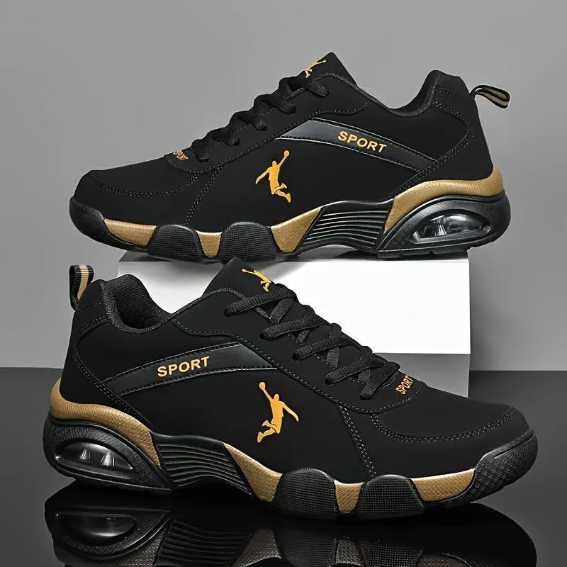 Zapatillas deportivas para hombre con cojín de aire - Parte superior de malla transpirable y PU, diseño geométrico, cierre con cordones, color negro/blanco para correr al aire libre, caminar y atuendo casual, ajuste cómodo.
