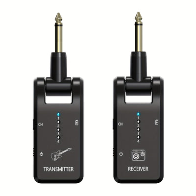 Sistema de guitarra inalámbrico de 2,4 GHz, receptor de audio recargable de 8 canales con carga USB-C, baja latencia para guitarra eléctrica, bajo y más, incluye amplificador, micrófono y accesorios para bajo y guitarra.