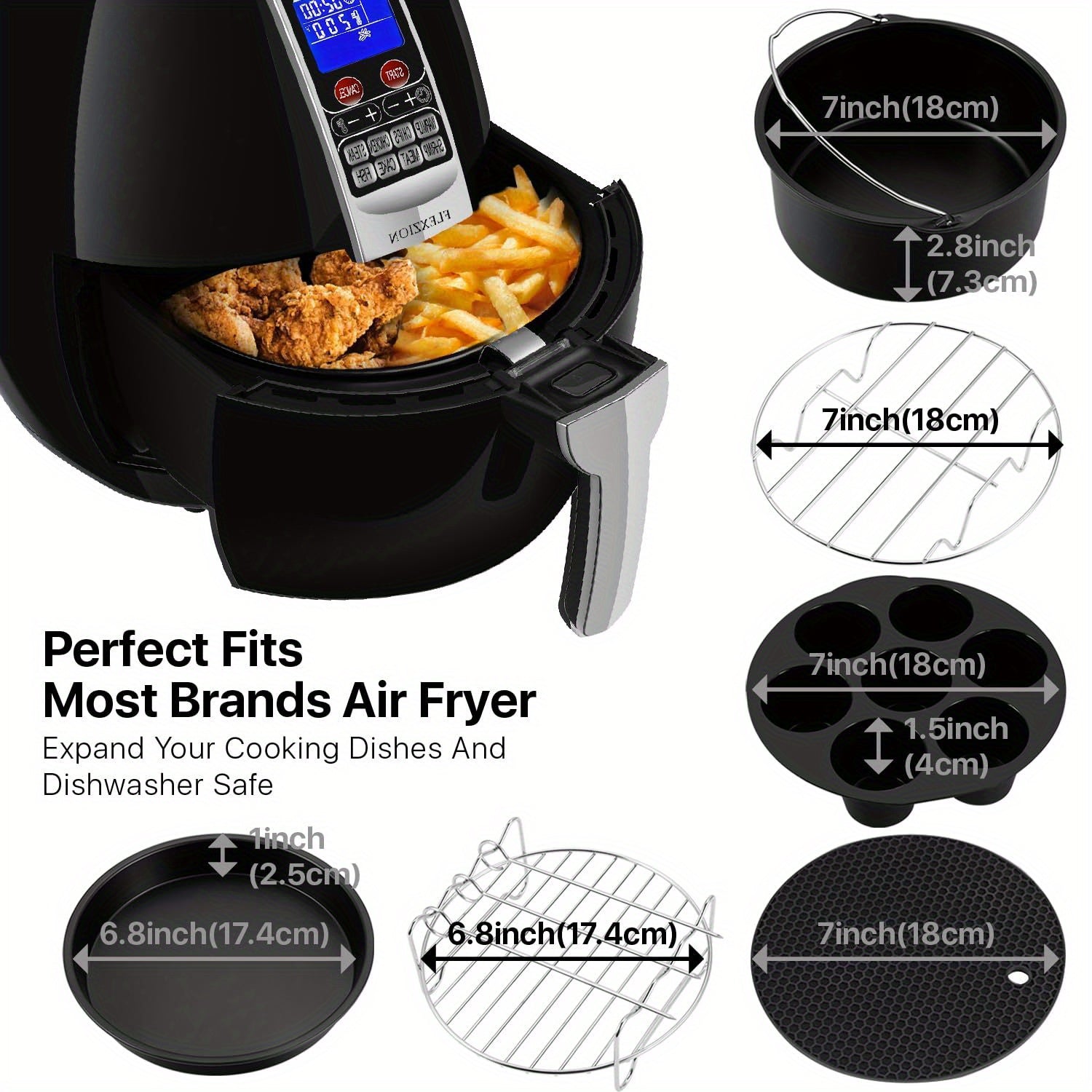 Kit de Accesorios para Freidora de Aire (para 3.7-5.8QT) - Incluye Bandeja Antiadherente de Pizza de 17.78cm, Molde para Pastel, Parrilla y Moldes de Silicona de 7 Cavidades - Aptos para Lavavajillas - Libro de Recetas Incluido - Herramientas para Hornea