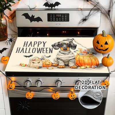 1pc Cubierta Decorativa para Estufa de Halloween - Forro Antideslizante con Base de Goma, Simulador de Quemador Eléctrico/Gas, Decoración Espeluznante para Cocina con Texto "Feliz Halloween" - Compatible con la Mayoría de Estufas, Fácil Instalación para