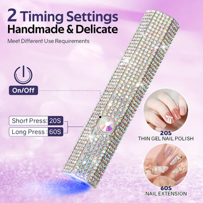 Lámpara de uñas LED portátil con diamantes de imitación brillantes - Recargable por USB, luz de uñas miniatura de mano, batería de litio, sin formaldehído, ideal para regalo de San Valentín, esenciales para el arte de las uñas | Diseño de diamantes de im