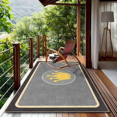 Gran alfombra de terciopelo lavable con diseño de corona dorada - Jardín bohemio retro, porche y techo, alfombra para uso interior/exterior, suave, antideslizante, duradera, poliéster, varios tamaños disponibles, alfombra de jardín de azotea | Elegante e