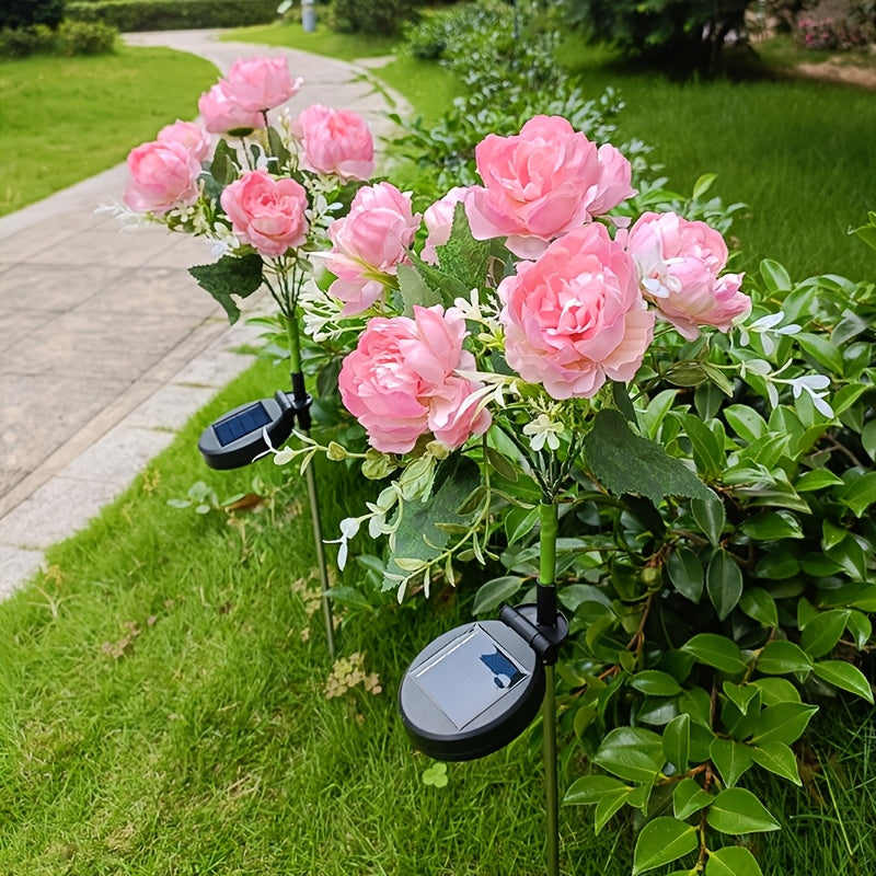 Luces de jardín LED de 7 cabezas con flores de peonía, alimentadas por energía solar - Luces decorativas para exteriores con flores artificiales rosas y blancas, cargadas por energía solar para patio, jardín y balcón, decoraciones solares para exteriores