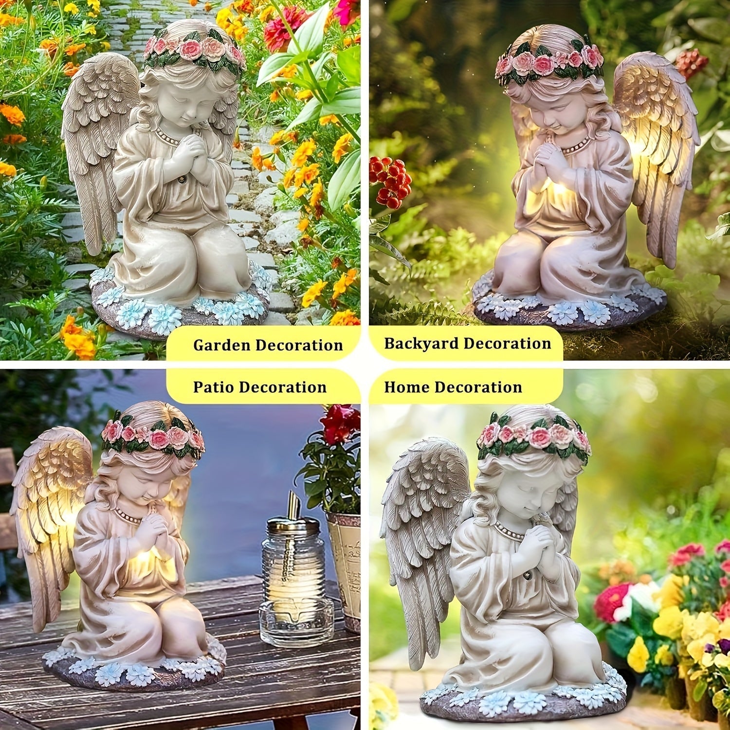 Estatuilla de Ángel Solar con Batería Integrada - Figura Coleccionable Temática de Dibujos Animados, Detalles Florales y Orbe Luminoso, Decoración Duradera para Interiores/Exteriores en Navidad, Halloween, Día de la Madre, San Valentín, Acción de Gracias