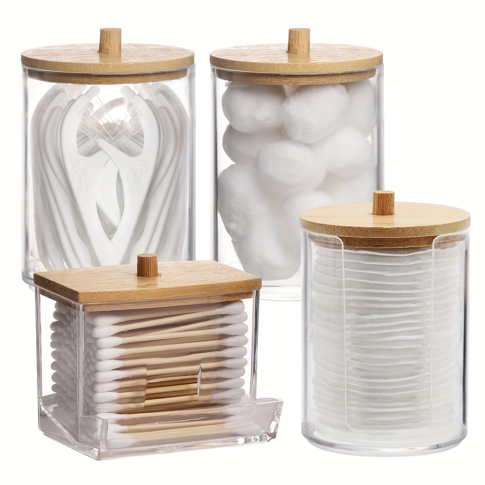 4 contenedores para hisopos, caja organizadora con tapa, dispensador de bolas de algodón de 10/7 oz, frasco de baño para almacenamiento