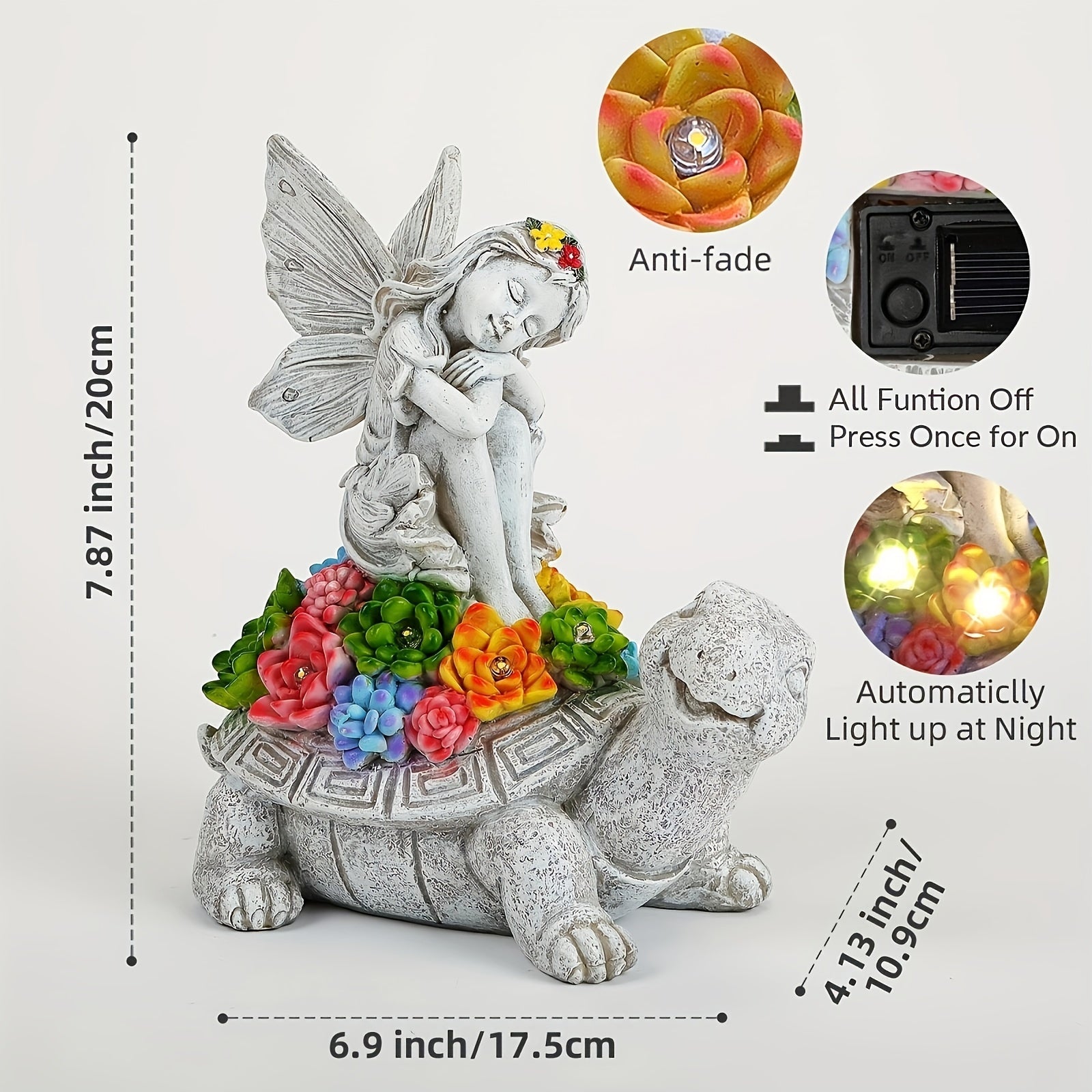 1pc Estatua de Jardín LED con Energía Solar - Ángel y Tortuga Decoración Exterior con Flores Coloridas, Diseño Duradero en Resina Resistente al Clima para Patio, Césped - Regalo Perfecto para Fiestas (Navidad, Halloween, Día de San Valentín), Adorno de J