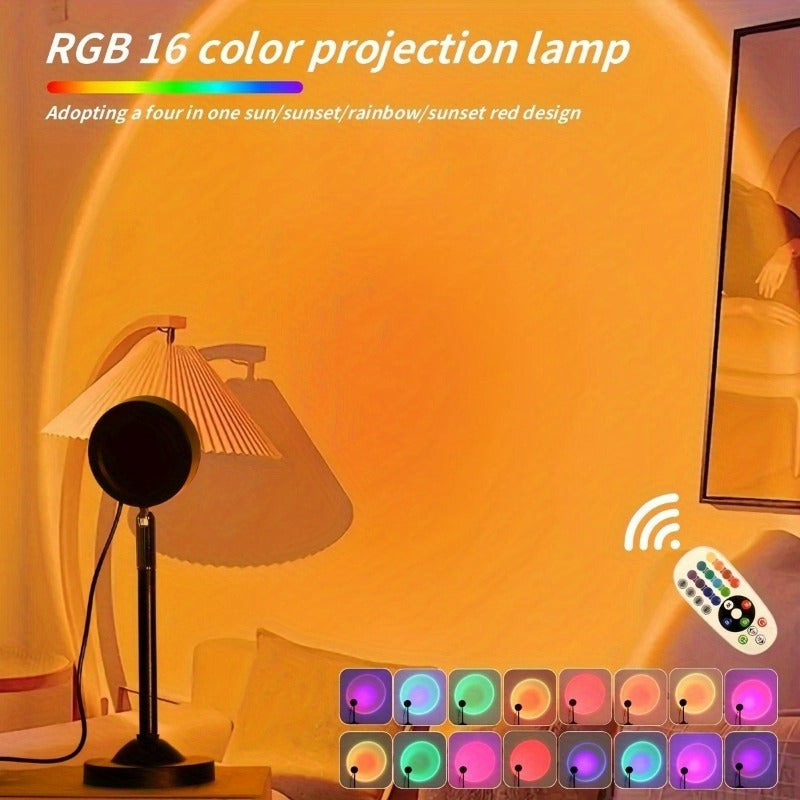 Fuente de Luz Proyección Atardecer con Control Remoto, Requiere Dos Pilas No Incluidas, 16 Colores RGB Ajustables, Rotación 180°, Ideal para Dormitorio, Fiestas, Fotografía, Iluminación Decorativa, Lámpara Ambiente Romántica, Regalo Perfecto para Fotos E
