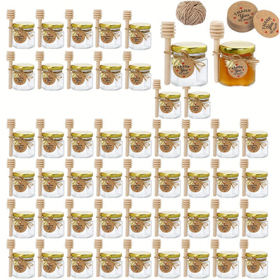 Tarros de Miel de Vidrio Hexagonal Miniatura de 1.5 Onzas, Disponibles en Conjuntos de 20, 30, 50 o 60, Incluyen una Cuchara, Símbolo de Abeja y Tarjeta de Agradecimiento - Tarros con Tapa Dorada, Perfectos para Regalos de Bebé, Bodas y Fiestas.