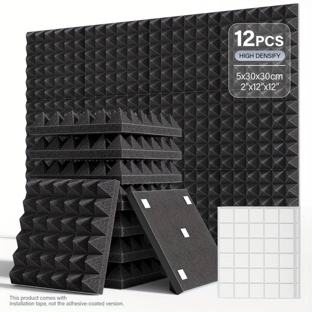 12/24pcs - TMJD MISS Paneles de Espuma Insonorizante en Forma de Pirámide, 5.08x30.48x30.48 cm - Azulejos de Cuña Acústicos de Alta Densidad para Aislamiento de Paredes de Estudio, Negro/Blanco/Gris - Incluye Cinta de Instalación, Aislamiento Acústico de