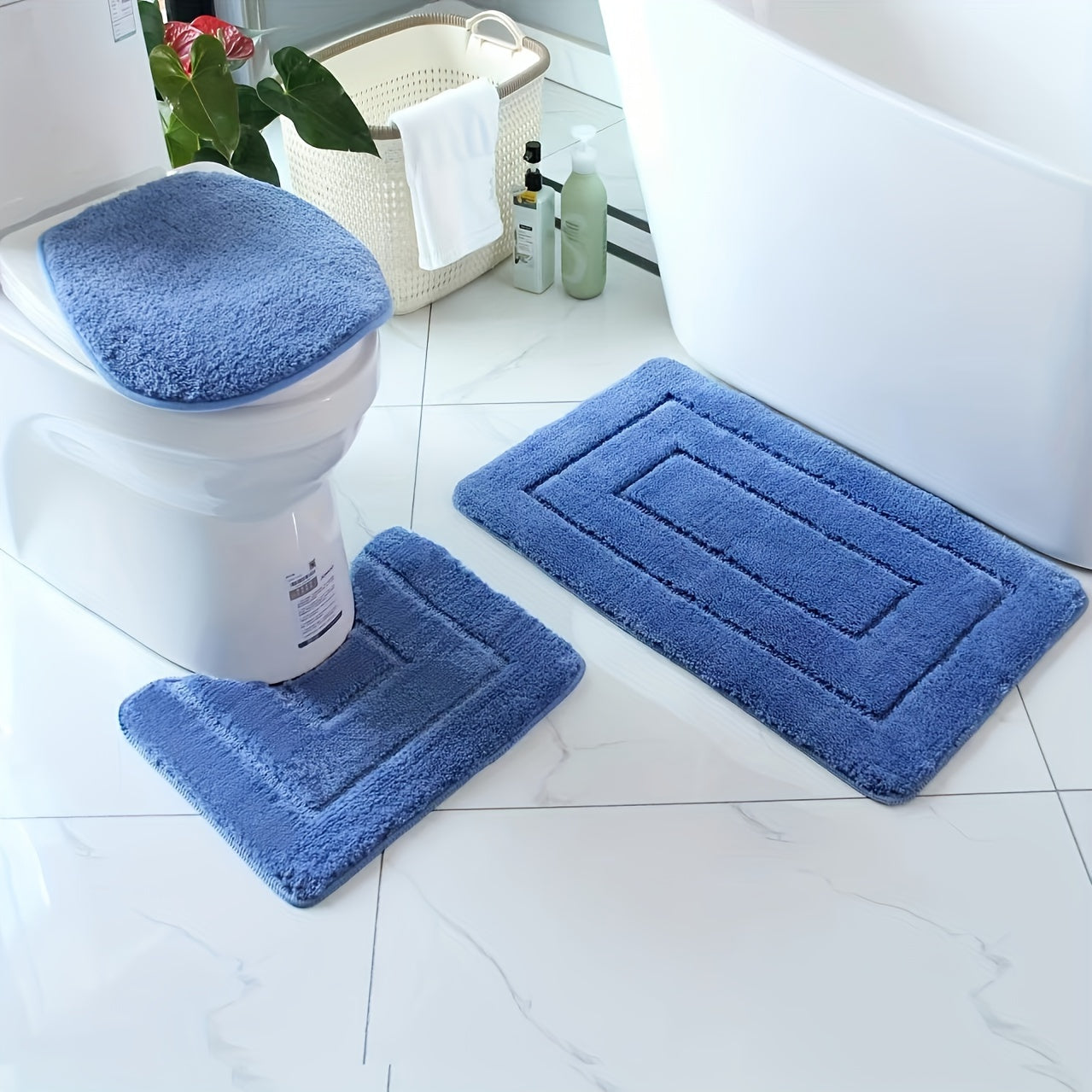 Conjunto de 3 alfombras de baño de microfibra ultrafina - Secado rápido, absorbente, antideslizante, alfombra de baño en forma de U, tapa de inodoro, poliéster tejido, resistente a la decoloración, densidad de 1500 g/m², grosor de 2 cm, lavable a máquina