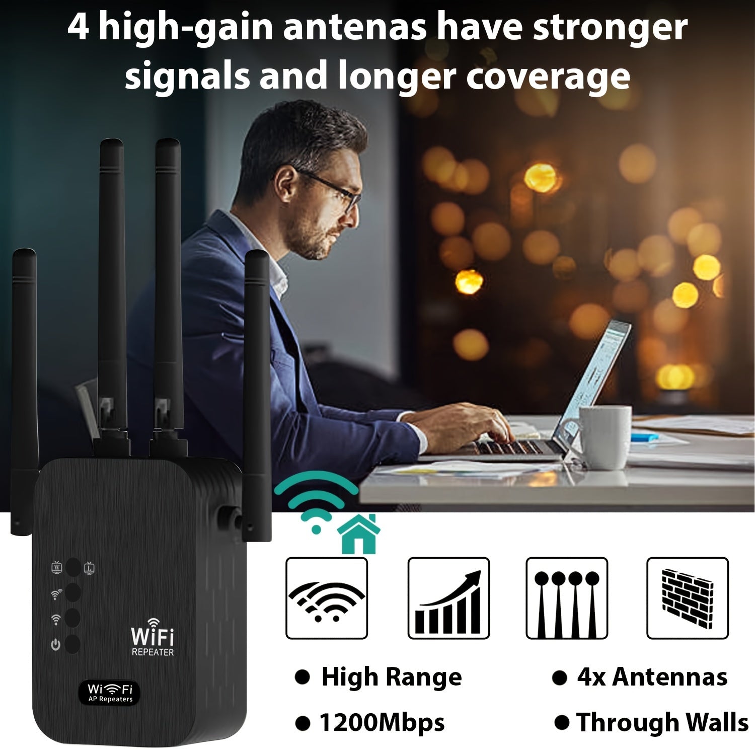 Amplificador de señal Wifi Momoter, modo dual AP/Extensor, fuerte señal Wifi con excelente penetración, soporta 35 dispositivos con 4 antenas para cobertura de 360 grados, incluye puerto Ethernet - Adecuado para oficinas, hogares, cafeterías y otros luga