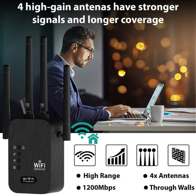 Amplificador de señal Wifi Momoter, modo dual AP/Extensor, fuerte señal Wifi con excelente penetración, soporta 35 dispositivos con 4 antenas para cobertura de 360 grados, incluye puerto Ethernet - Adecuado para oficinas, hogares, cafeterías y otros luga