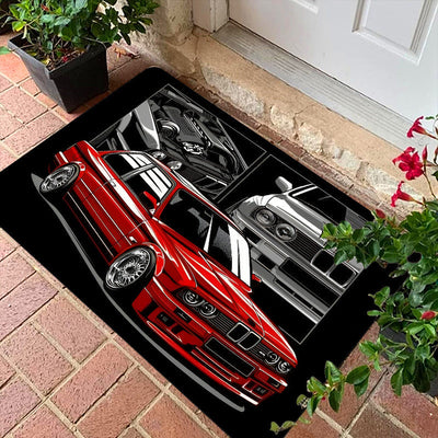 1 pieza, alfombrilla de puerta con patrón de coche rojo, negro y gris - Alfombrilla de suelo de poliéster suave con base de esponja de 1 cm, hecha a máquina, rectangular, perfecta para uso interior/exterior, ideal para sala de estar, dormitorio, decoraci