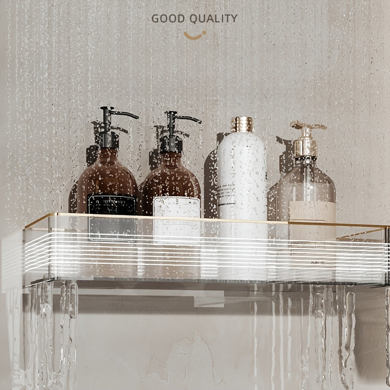 1pc Estantería de baño plegable de montaje en pared de lujo, canasta de plástico sin taladro para artículos de aseo personal, cosméticos, cocina, sin fragancia, organizador sin electricidad, sin batería