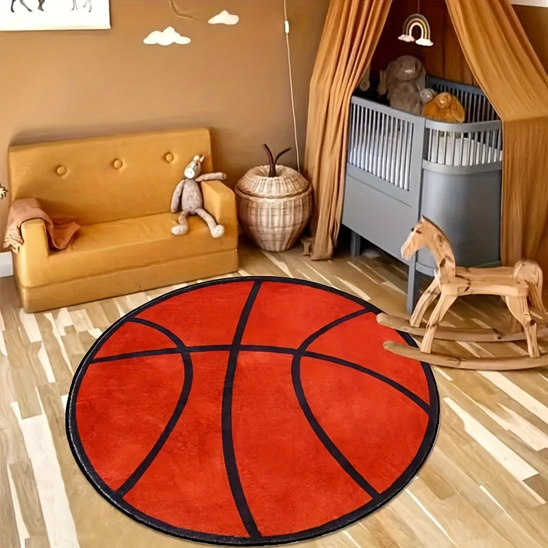 1pc Alfombra Redonda con Temática de Baloncesto Engrosada - Poliéster Suave y Cómodo, Lavable a Máquina - Ideal para Decoración de Dormitorio, Sala de Estar, Sala de Juegos - Suave y Cómoda para Pies, Alfombras para Dormitorio