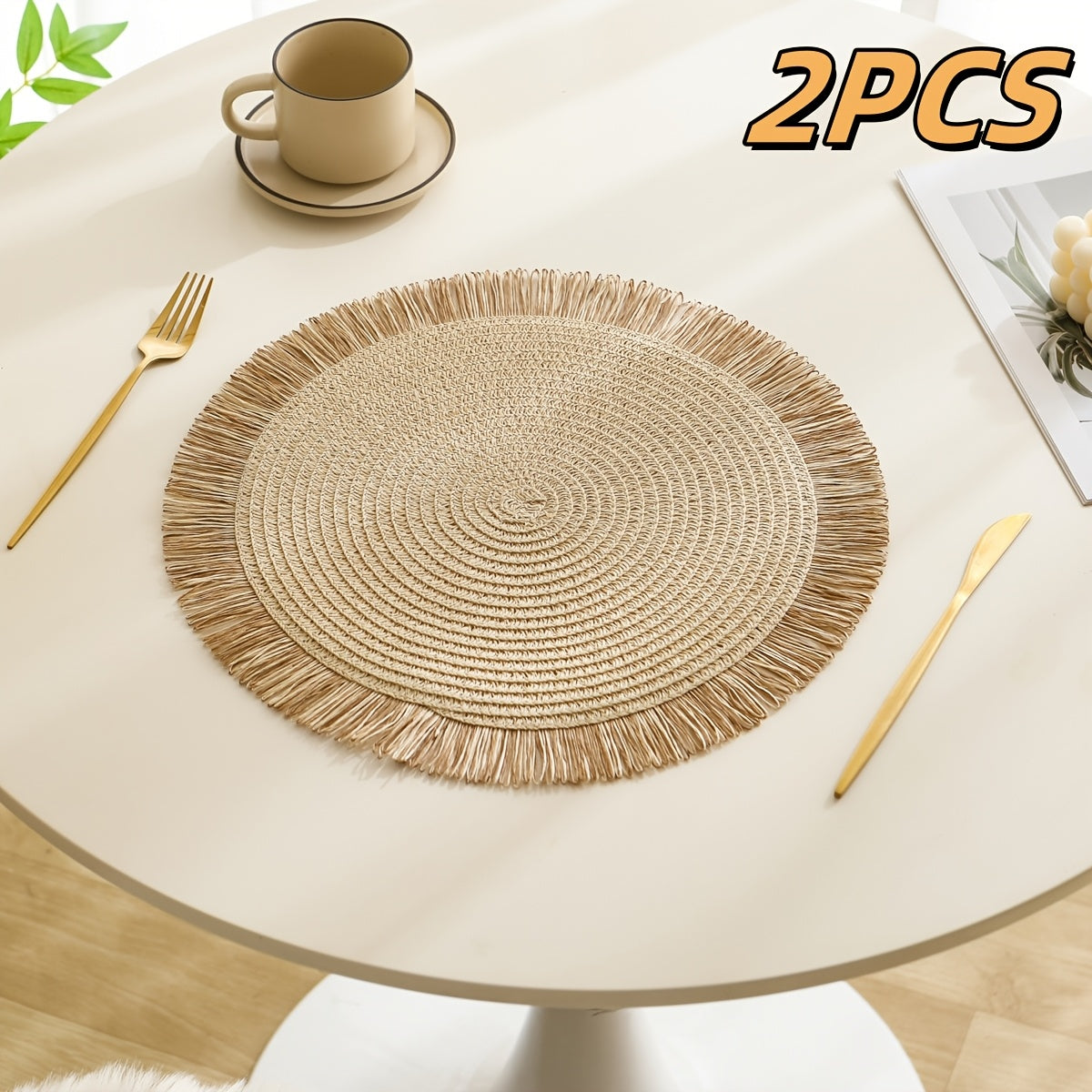 Juego de 2/4/6 individuales redondos de lino estilo bohemio con flecos, tejidos a mano en color beige natural, para comedor, cocina, decoración del hogar, mesa de primavera y verano, accesorios de cocina, encanto rústico, acabado texturizado, accesorios