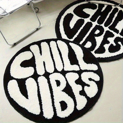 1pc Alfombra Redonda para Suelo - Poliéster Suave y Esponjoso con Texto "CHILL VIBES" en y Blanco, Decoración Moderna para Dormitorio, Sala de Estar, Hogar - Solo Lavado a Mano, Alfombras para Dormitorio, Tapete de Cama, Diseño de Moda, Textura Mullida,