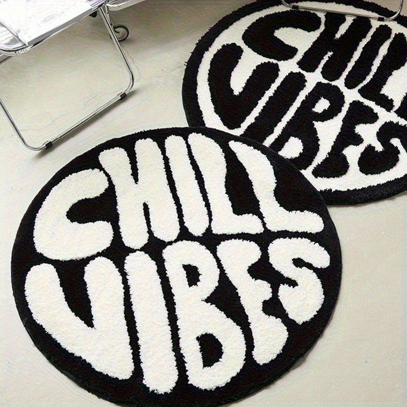1pc Alfombra Redonda para Suelo - Poliéster Suave y Esponjoso con Texto "CHILL VIBES" en y Blanco, Decoración Moderna para Dormitorio, Sala de Estar, Hogar - Solo Lavado a Mano, Alfombras para Dormitorio, Tapete de Cama, Diseño de Moda, Textura Mullida,