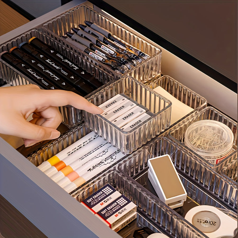 Conjunto de 7 piezas/8 piezas de cajón acrílico con caja de almacenamiento de cosméticos incorporada, organizador de productos para el cuidado de la piel para mesa de tocador con divisores, y el conjunto tiene múltiples combinaciones de tamaños, Organiza
