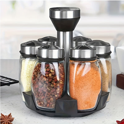 Juego de Tarros de Vidrio para Especias con Base Giratoria - 6 Tarros y Plato Rotativo para Sal, Pimienta, Azúcar - Organizador de Encimera de Cocina
