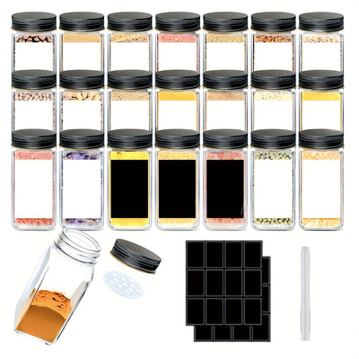 12/24 Paquete de Tarros de Plástico para Especias, 5.6 oz (Aproximadamente 160 g), Contenedores Cuadrados con Saleros y Pimenteros Reutilizables, Incluye Tapas Selladas, Etiquetas y Bolígrafos, Ideales para Especias, Hierbas, Polvos y Purpurina
