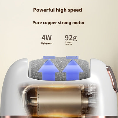 Extracción de pies eléctrica recargable con 6 cabezas intercambiables para luz muerta beige y pulido, alimentada por USB, diseño suave de doble tono en blanco y dorado, mango ergonómico para un uso cómodo.