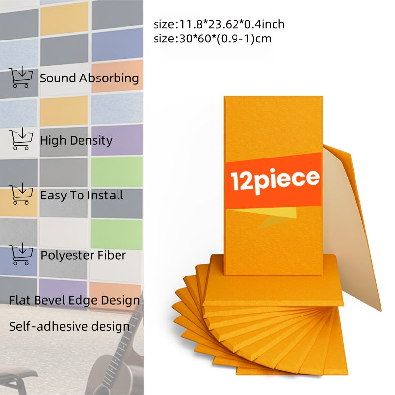 12 piezas de paneles acústicos naranjas - Azulejos autoadhesivos para aislamiento acústico, fibra de poliéster de alta densidad, diseño rectangular para estudios caseros, oficinas y estudios de grabación, tratamiento acústico de estudios | Paneles decora