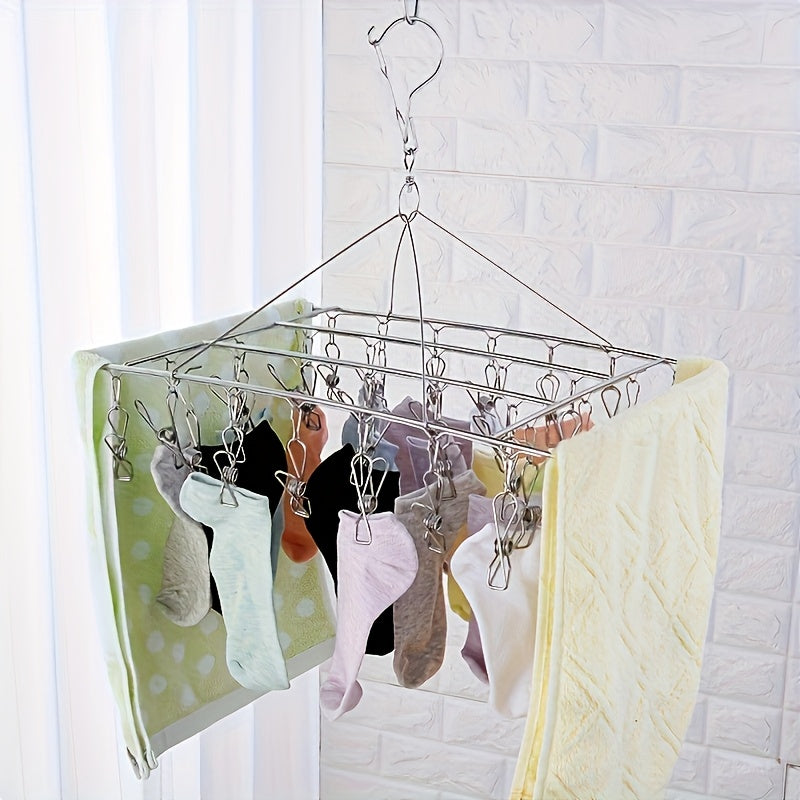 Un tendedero de acero inoxidable con 30 pinzas - un organizador colgado a prueba de viento para calcetines y ropa interior, un tendedero multifuncional ahorrador de espacio, adecuado para uso en casa, dormitorio y balcón.