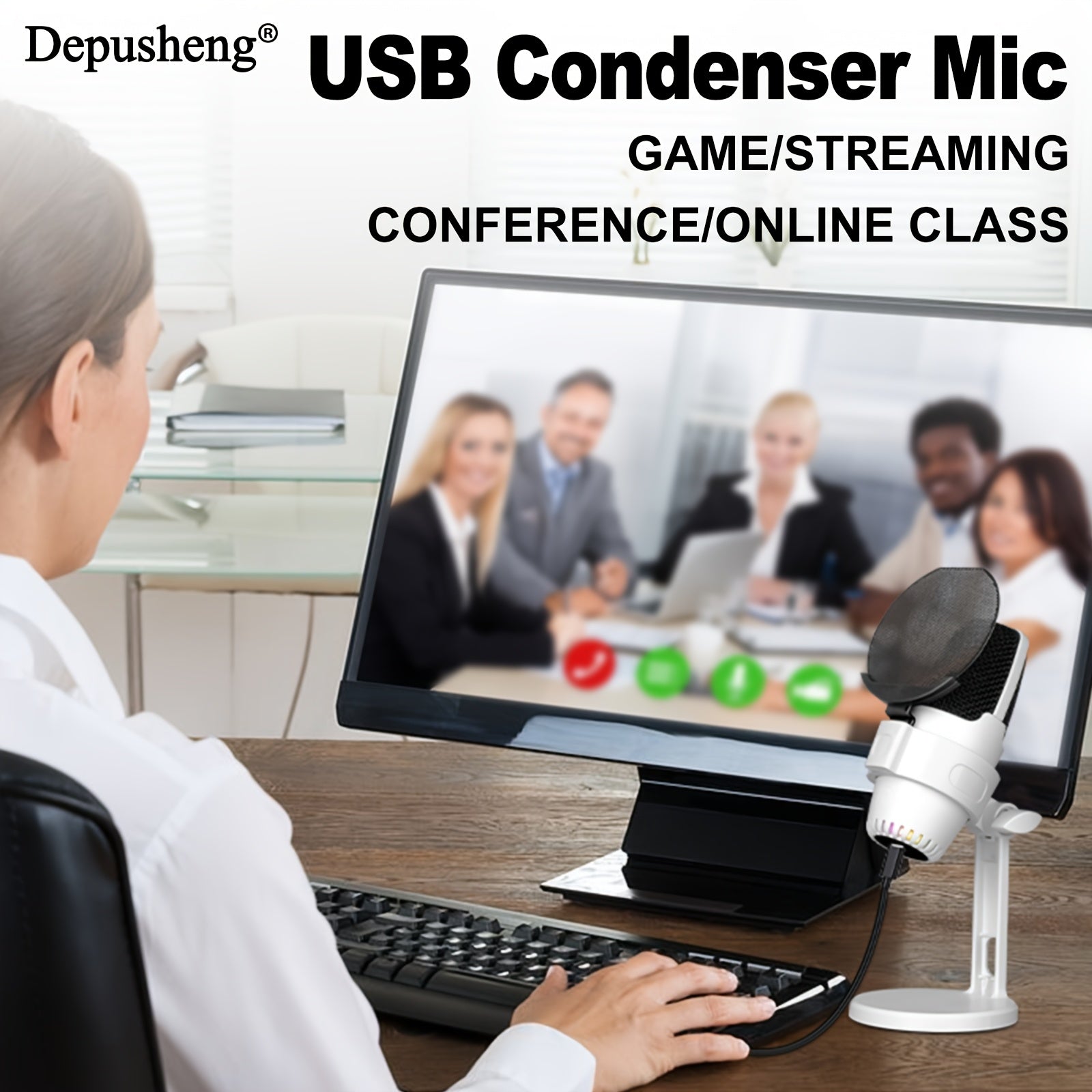Microfono de Condensador Profesional DEPUSHENG con Reducción de Ruido, Conectar y Listo, Soporte Ajustable para Transmisiones en Vivo, Juegos, Clases en Línea, Reuniones por Vídeo (Blanco/Rosa/)