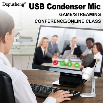 Microfono de Condensador Profesional DEPUSHENG con Reducción de Ruido, Conectar y Listo, Soporte Ajustable para Transmisiones en Vivo, Juegos, Clases en Línea, Reuniones por Vídeo (Blanco/Rosa/)