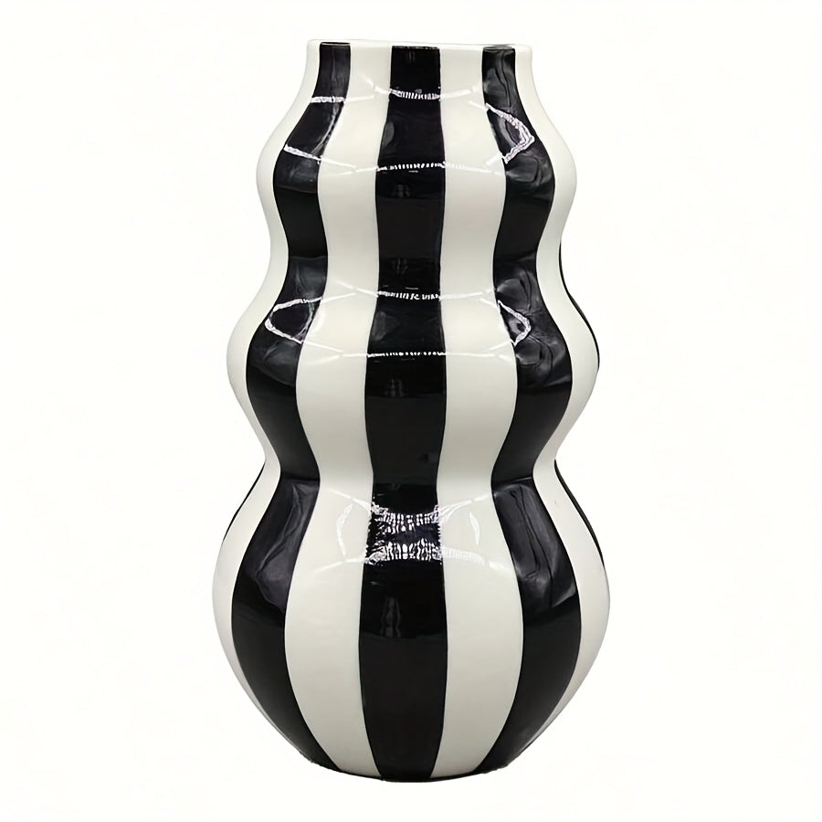 Jarrón de cerámica rústica con rayas, diseño asimétrico en forma de calabaza abstracta, en blanco y negro, decoración para sala, estante o estilo granja, regalo para el Día de la Madre