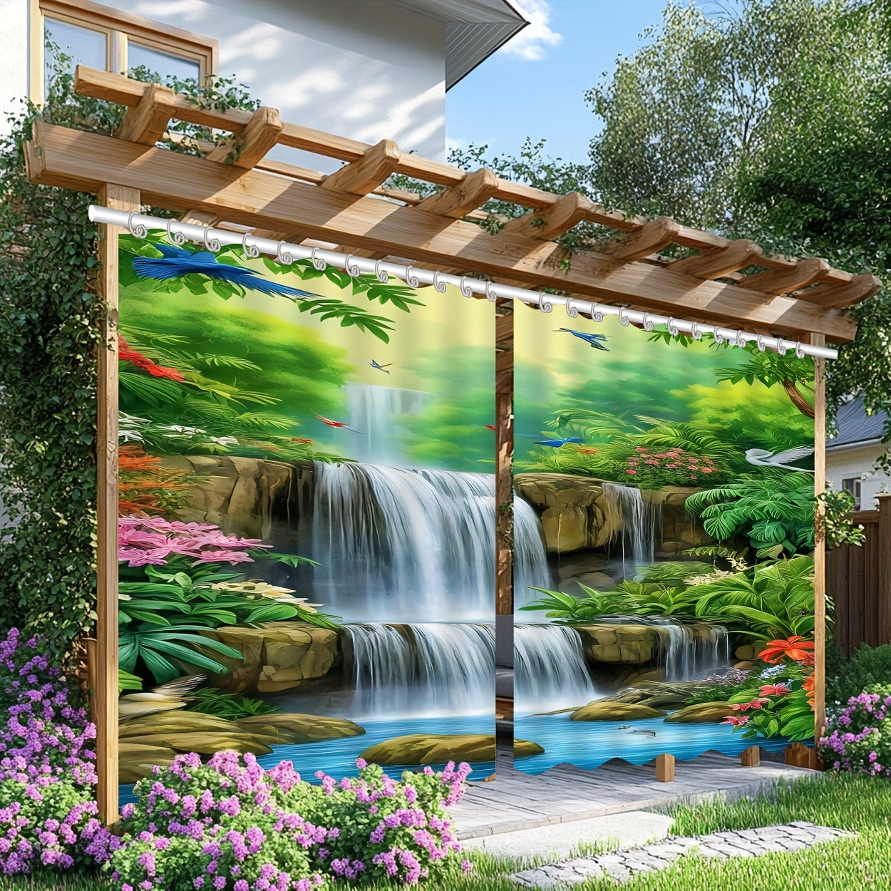 2 piezas, cortinas para exteriores, decorativas para primavera y verano, con patrón de cascada para cortinas de puerta, ventanas, patios, interiores, tela de fondo, adecuadas para colgar decoraciones, utilizadas en pasillos, balcones, jardines, patios, d