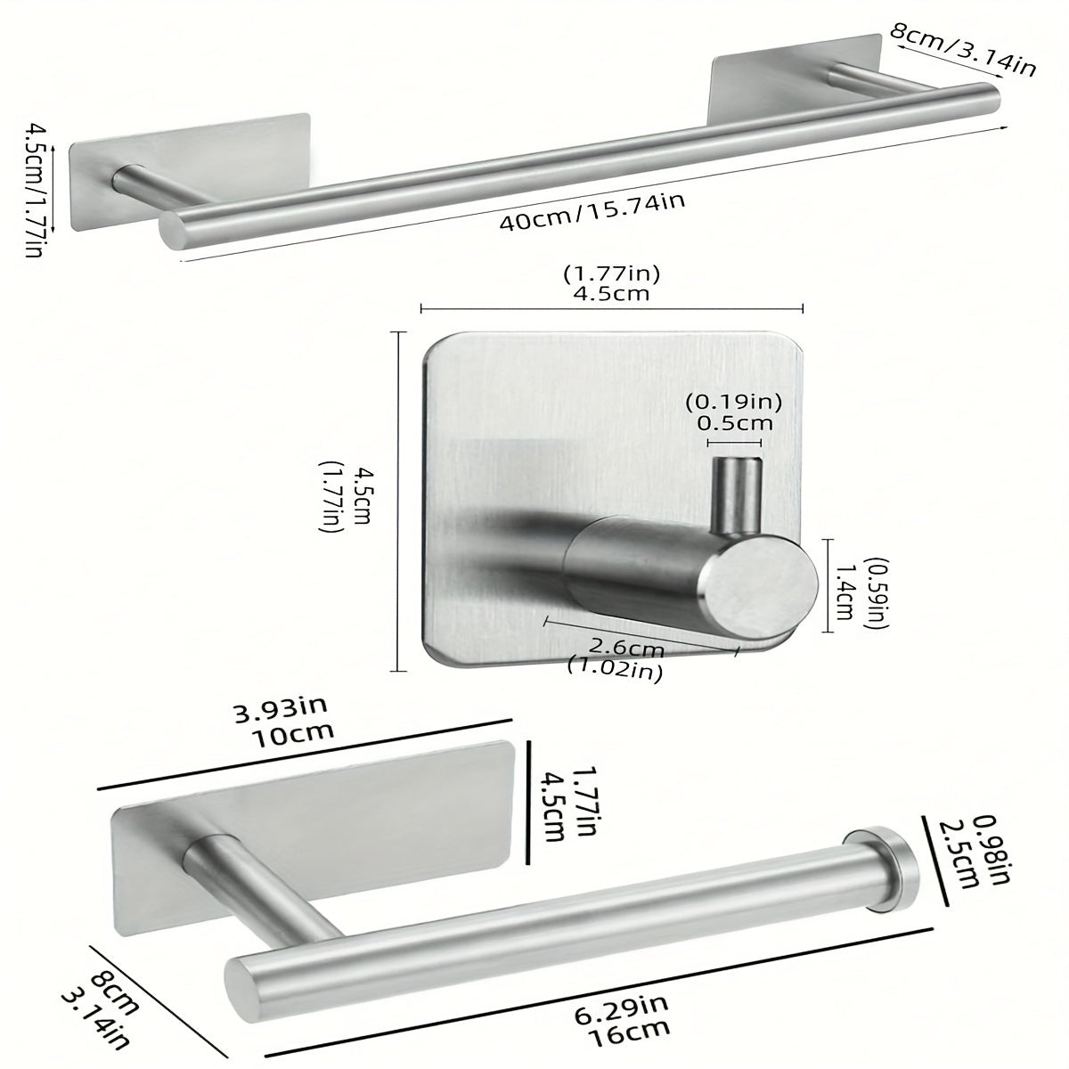 Juego de 6 toalleros contemporáneos, kit de herrajes para baño de acero inoxidable con toallero, toallero de pared, portarrollos de papel higiénico, ganchos para batas - Instalación sin taladros