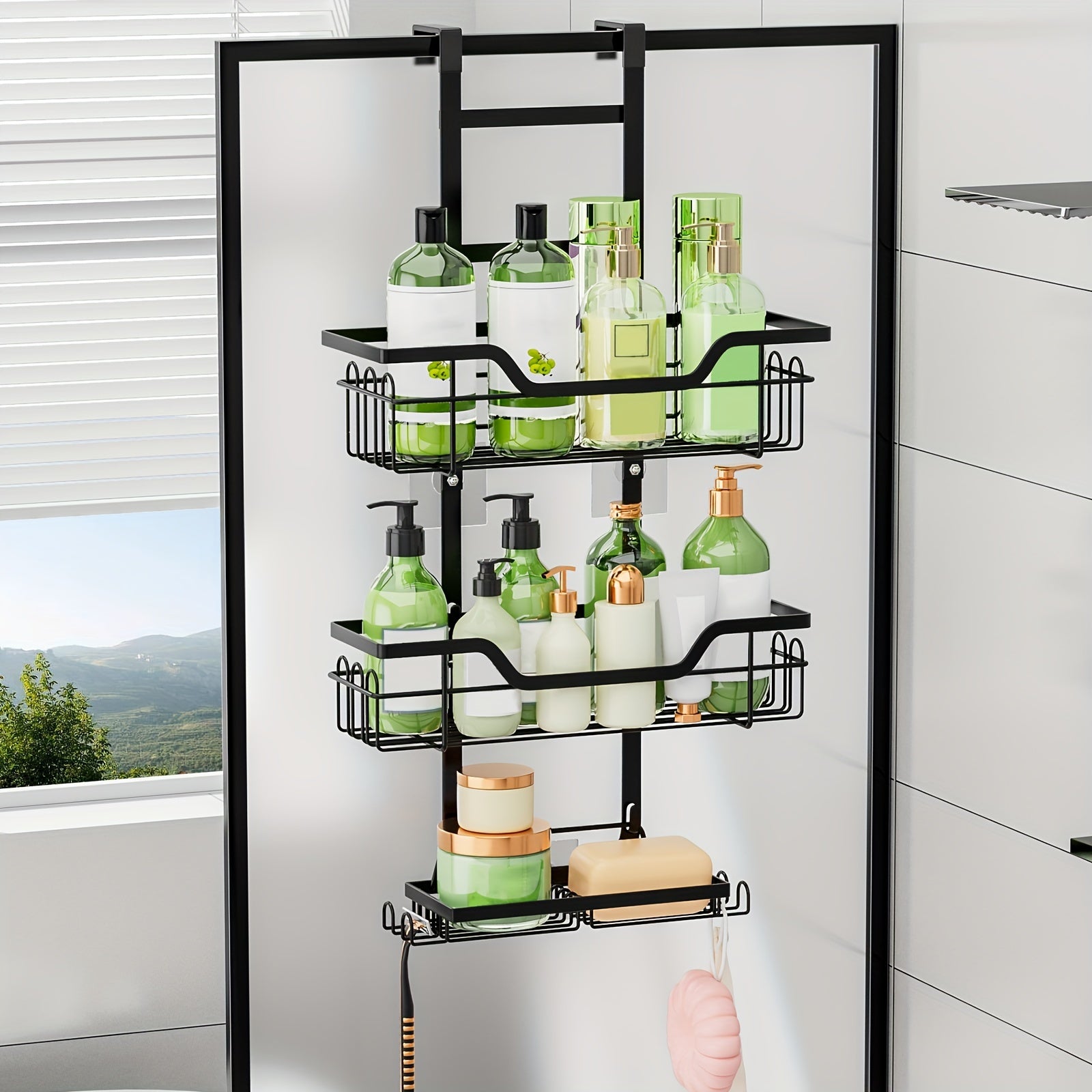 1 Pieza, Estante De Ducha De 3 Niveles Para Colgar Sobre La Puerta, Organizador De Baño Colgante De Hierro Fundido A Prueba De Óxido Con Jabonera, Accesorios De Baño Que Ahorran Espacio, Decoración Del Hogar