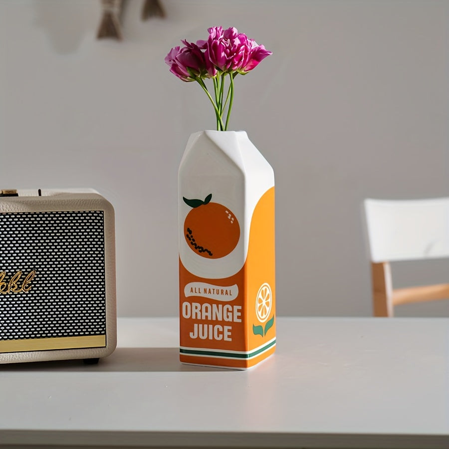 1 pieza de jarrón de jugo de naranja vintage - Cerámica decorativa con diseño de rodaja de naranja realista, estilo bohemio para hogar/coche/escritorio, no necesita batería, jarrones decorativos para el hogar.