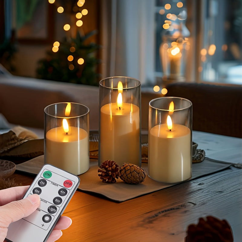 Velas LED sin llama en 3D con efecto de absorción, 3 piezas blancas de cera real con parpadeo realista, control remoto y temporizador, a pilas, para fiestas, bodas y decoración del hogar