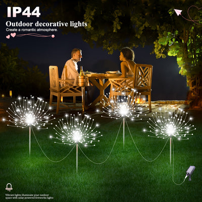4 luces solares LED para jardín con efecto de fuegos artificiales, 8 modos, 240/320 LED, decoración festiva para patios, cafés, campamentos, Navidad y San Valentín, luces navideñas | Creador de ambiente festivo, luces solares para exteriores