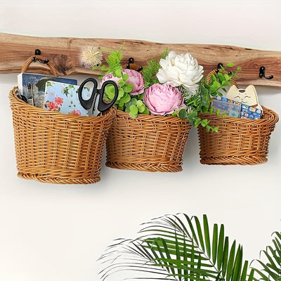 Juego de 3 Cestas Rústicas Imitación Ratán para Pared, Cestos Colgantes Tejidos de Plástico para Cocina, Jengibre, Ajo y Frutas, Organizadores Multiusos con Asa para Hogar y Estantes