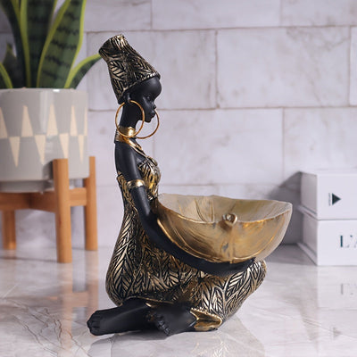 Figura de mujer africana de resina con tazón de hoja dorada - Decoración para el hogar, ornamento de mesa, organizador de entrada, regalo ideal, decoración navideña